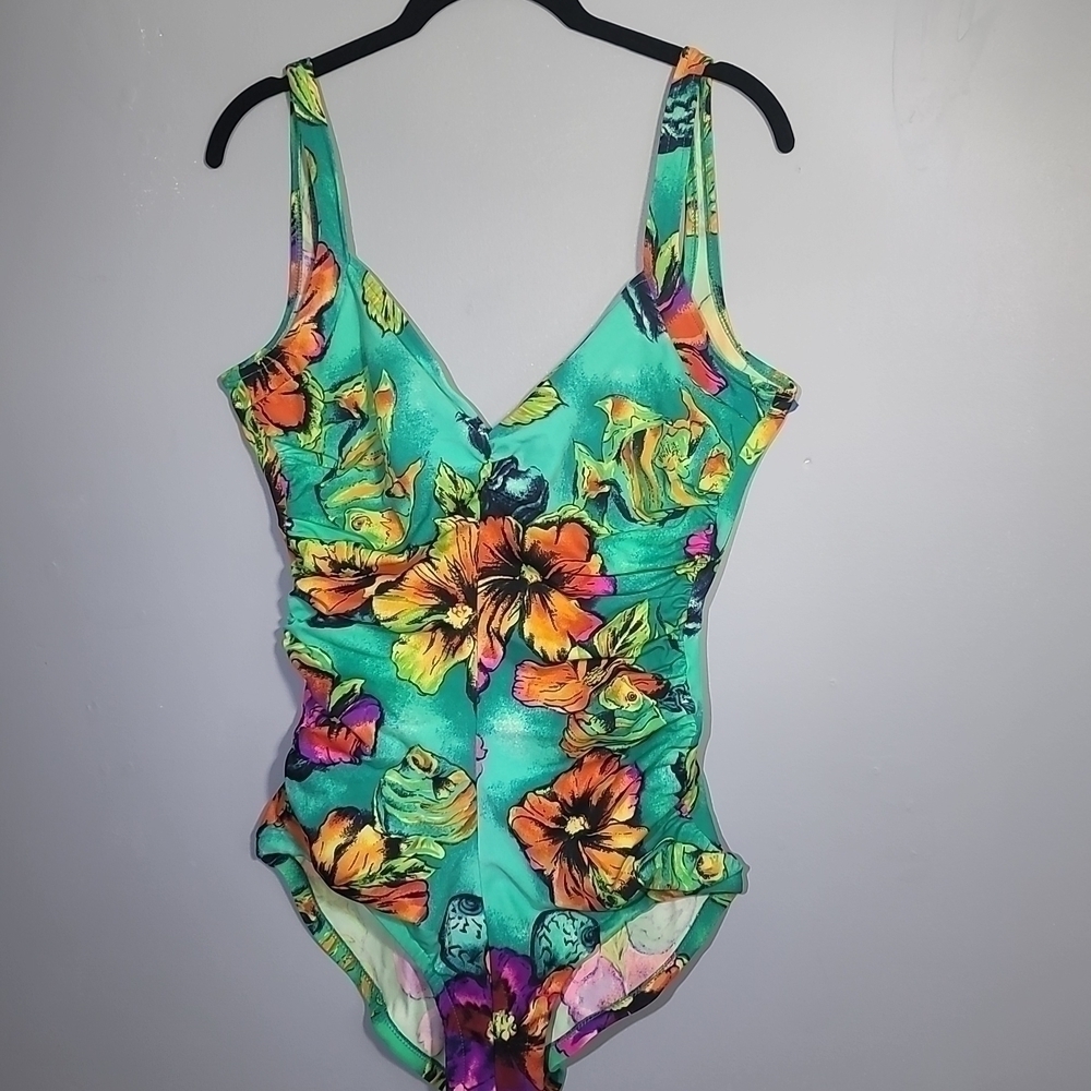 VINTAGE 70's, 80's Gabar Floral Mint Green Ruched One Piece Swimsuit
